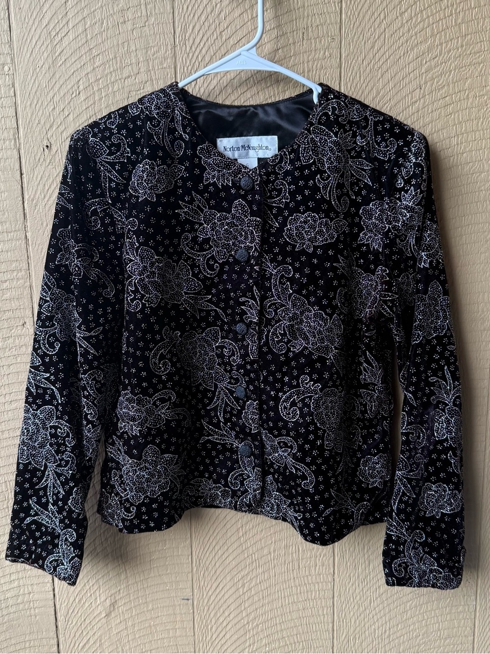 Vintage 90s Norton McNaughton Black Velvet Glitter Floral Collarless Blazer